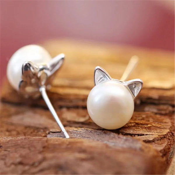 Silver Cat Earrings with Small Pearls for Women