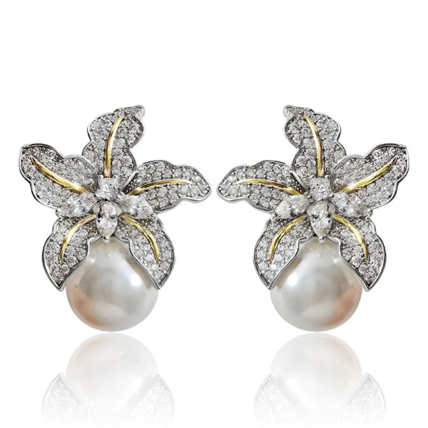 Two-tone Flower Simulated Pearl Earrings