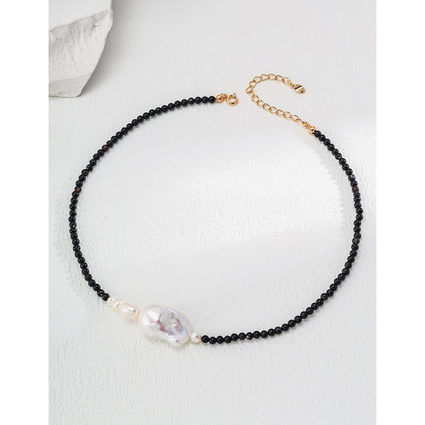 S925 Silver Minimalist Natural Pearl Black Agate Necklace - Hover Image