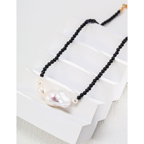 S925 Silver Minimalist Natural Pearl Black Agate Necklace