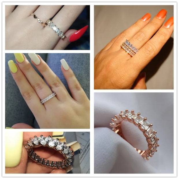 Elegant baguette diamond rings with gold and silver bands, ideal for jewelry designers, jewelry websites, and storage in a luxurious jewelry case.