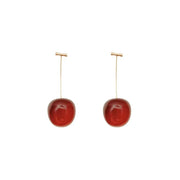 Cherry-inspired drop earrings with red stones and gold accents, perfect for jewelry websites, jewelry storage, vintage jewelry, and gifting for mom or jewelry lovers.