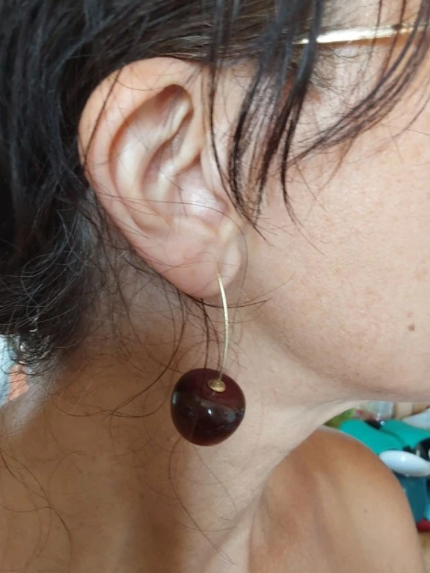 Cherry-inspired drop earrings with red stones and gold accents, perfect for jewelry websites, jewelry storage, vintage jewelry, and gifting for mom or jewelry lovers.