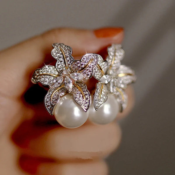 Two-tone Flower Simulated Pearl Earrings