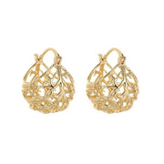 Gold filigree hoop earrings with intricate designs, perfect for jewelry storage, jewelry websites, vintage jewelry, and gifting for mom or elegant occasions.