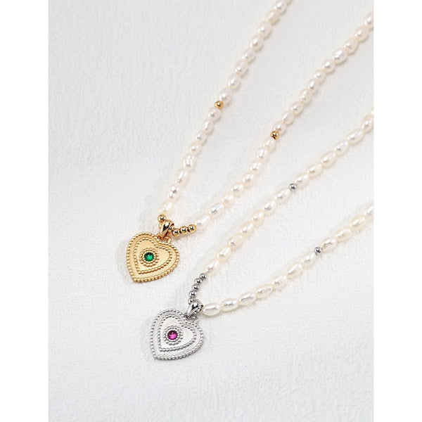 S925 Silver Natural Pearl Heart Pendant Necklace - Hover Image