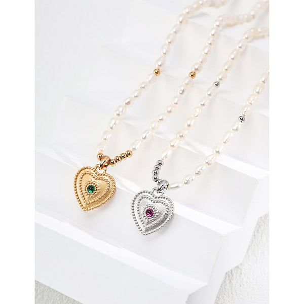S925 Silver Natural Pearl Heart Pendant Necklace