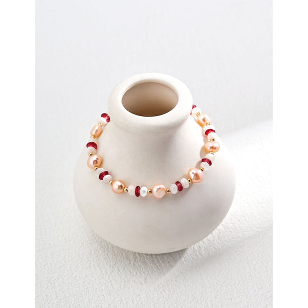 S925 Silver Natural Pearl, Mother-of-Pearl, and Red Stone Bracelet - Hover Image
