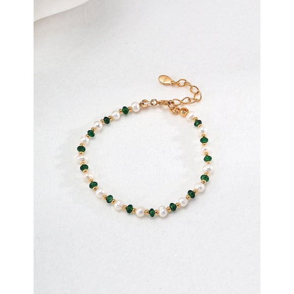 S925 Silver Pearl and Synthetic Emerald Bracelet