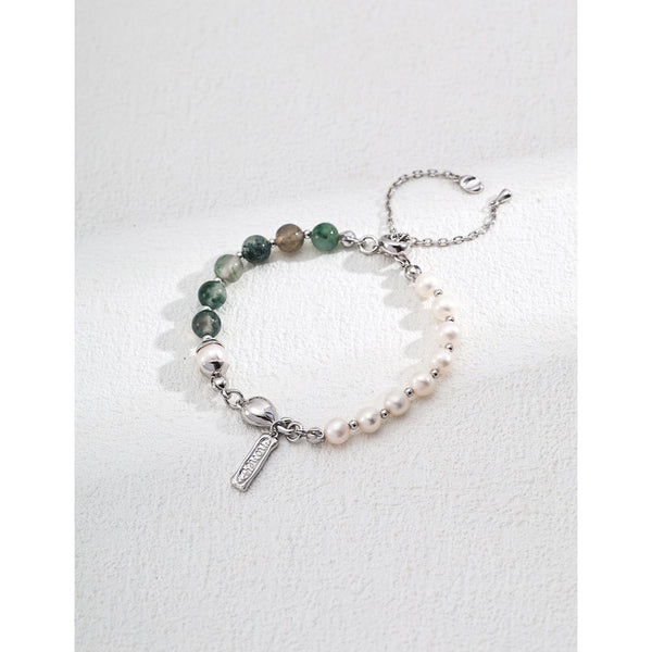 S925 Silver Vintage Natural Pearl Water Grass Agate Strawberry Quartz Bracelet - Hover Image