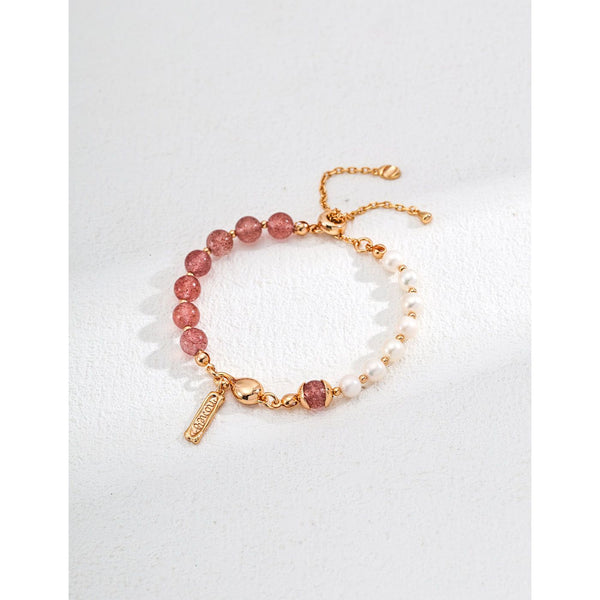 S925 Silver Vintage Natural Pearl Water Grass Agate Strawberry Quartz Bracelet