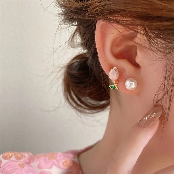 French Tulip Flower Earrings with Imitation Pearls - Hover Image