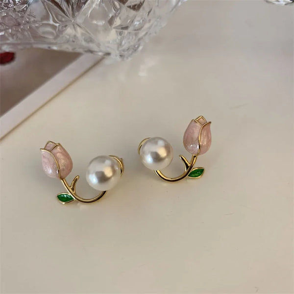 French Tulip Flower Earrings with Imitation Pearls