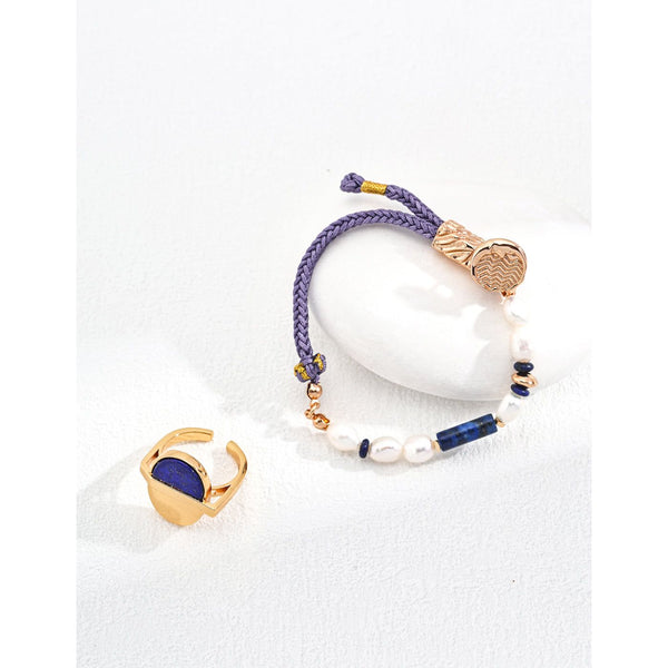 S925 Silver Pearl and Lapis Lazuli Bracelet - Hover Image