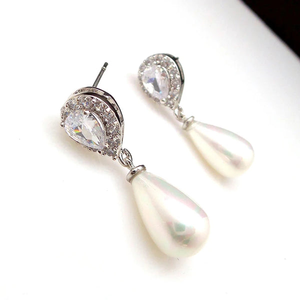 Water Drop Simulated Pearl Dangle Earrings - Hover Image