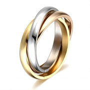 Trinity interlocking gold, silver, and rose gold ring, perfect for vintage jewelry, jewelry websites, jewelry storage, and as a gift for mom or jewelry lovers.