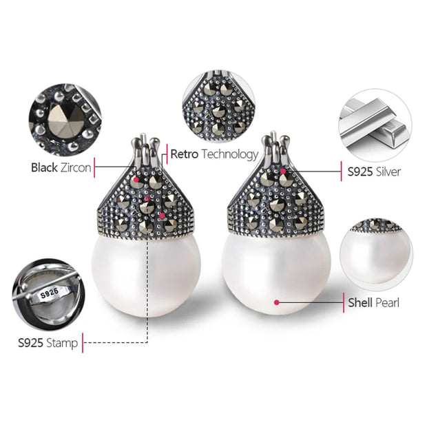 Elegant vintage pearl drop earrings with marcasite detailing, perfect for jewelry storage, jewelry websites, jewelry cleaning, and timeless vintage jewelry collections.