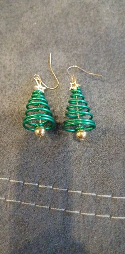 Festive Christmas tree earrings with green spirals and gold accents, perfect for jewelry websites, earrings piercing, jewelry storage, and holiday gifting.