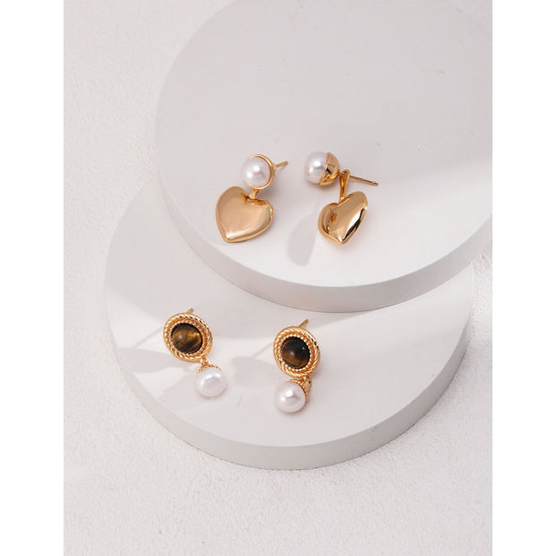 Gold drop earrings with tiger eye gemstones and pearl accents, perfect for vintage jewelry, jewelry storage, jewelry websites, and elegant jewelry for mom.