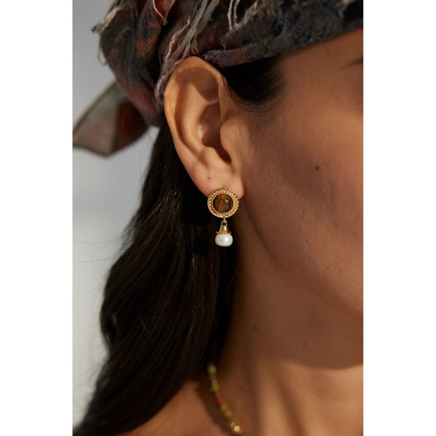 Gold drop earrings with tiger eye gemstones and pearl accents, perfect for vintage jewelry, jewelry storage, jewelry websites, and elegant jewelry for mom.