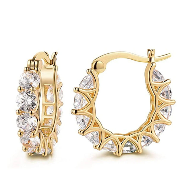 Gold hoop earrings with round-cut crystals, perfect for jewelry storage, jewelry websites, vintage jewelry, diamond and jewelry collections, and gifting.