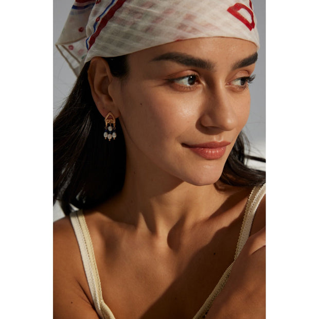 Elegant gold-tone earrings with pearls and navy beads, perfect for vintage jewelry enthusiasts, jewelry designers, and fans of earrings rings and piercing styles.