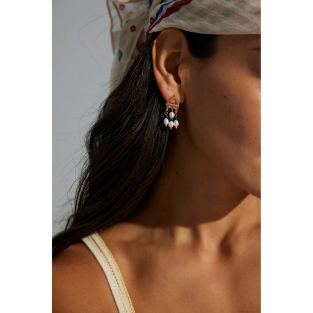 Elegant gold-tone earrings with pearls and navy beads, perfect for vintage jewelry enthusiasts, jewelry designers, and fans of earrings rings and piercing styles.