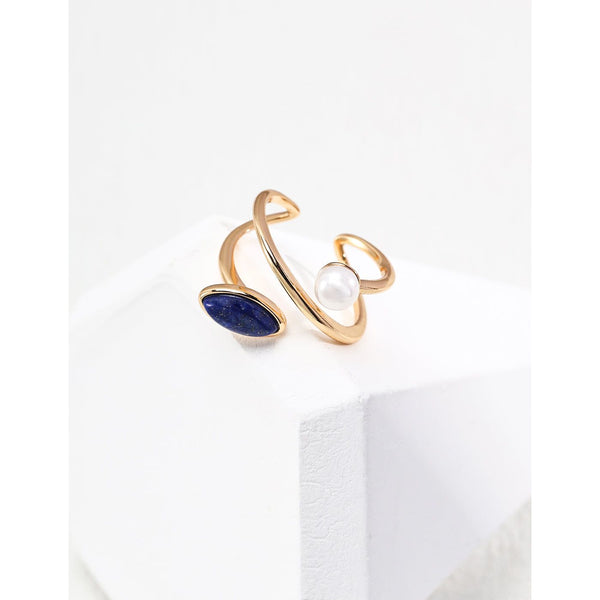 S925 Silver Minimalist Natural Pearl and Lapis Lazuli Ring - Hover Image