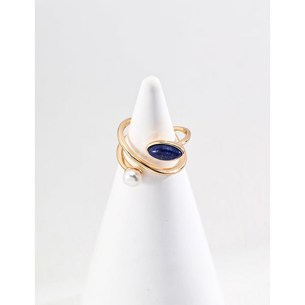 S925 Silver Minimalist Natural Pearl and Lapis Lazuli Ring