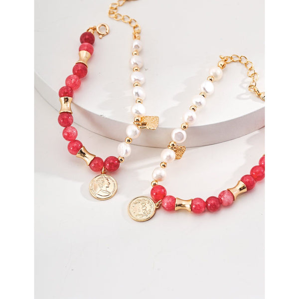 S925 Silver Elegant Natural Pearl Rhodochrosite Bracelet - Hover Image