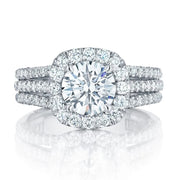 Stunning diamond engagement ring with halo setting and triple diamond bands, perfect for jewelry websites, jewelry storage, vintage jewelry, and proposals.