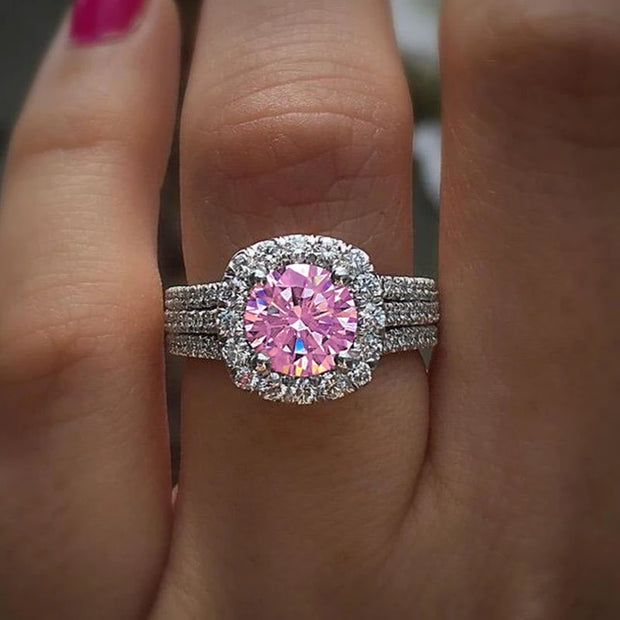 Stunning diamond engagement ring with halo setting and triple diamond bands, perfect for jewelry websites, jewelry storage, vintage jewelry, and proposals.