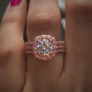 Stunning diamond engagement ring with halo setting and triple diamond bands, perfect for jewelry websites, jewelry storage, vintage jewelry, and proposals.