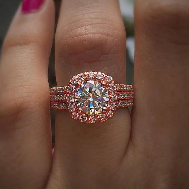 Stunning diamond engagement ring with halo setting and triple diamond bands, perfect for jewelry websites, jewelry storage, vintage jewelry, and proposals.