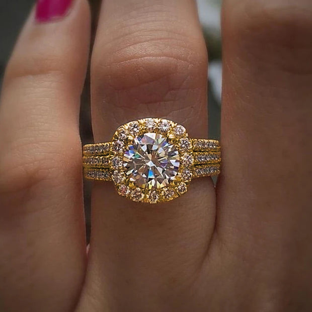 Stunning diamond engagement ring with halo setting and triple diamond bands, perfect for jewelry websites, jewelry storage, vintage jewelry, and proposals.