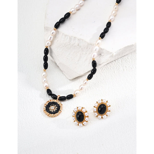 S925 Silver Black Agate Imitation Pearl Earrings - Hover Image