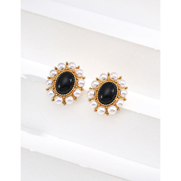 S925 Silver Black Agate Imitation Pearl Earrings