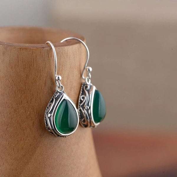 Waterdrop Red/Green Stone Dangle Earrings - Hover Image